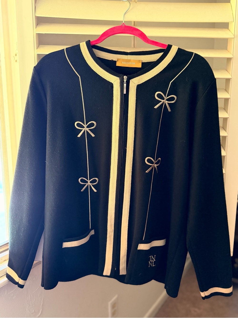 NAULOVER WOMEN SIZE 12 Black/Ivory Knit Full Zip Embroidered Cardigan